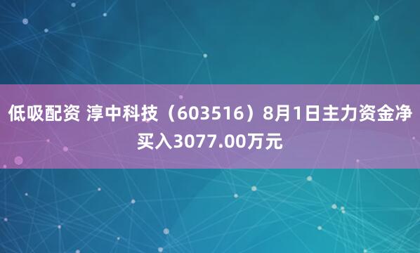 低吸配资 淳中科技（603516）8月1日主力资金净买入3077.00万元